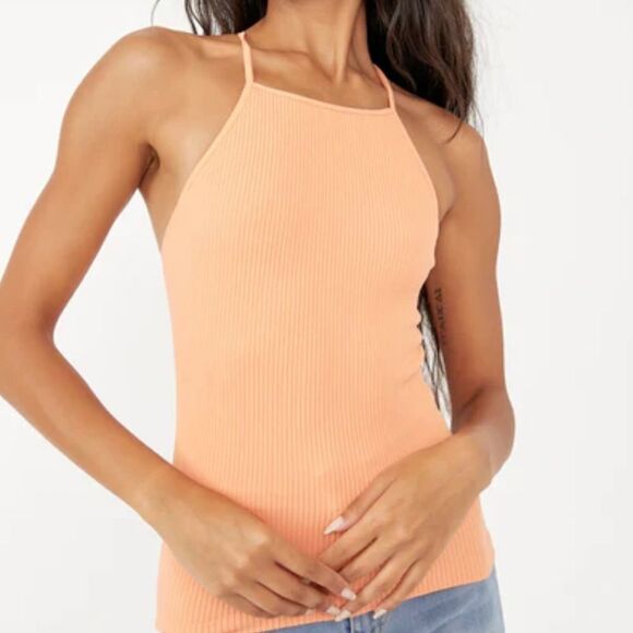 Free People Mmkay Seamless Tank Mango Ribbed High Neck Crisscross M/L * - Picture 1 of 13
